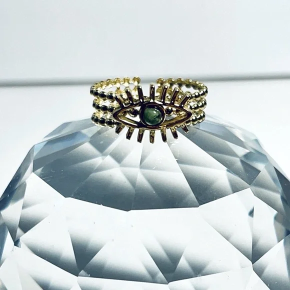 2/$20 ✨ LAST ONE! Evil Eye Beaded 18k Gold Plated Ring with Natural Green Stone - Picture 8 of 14